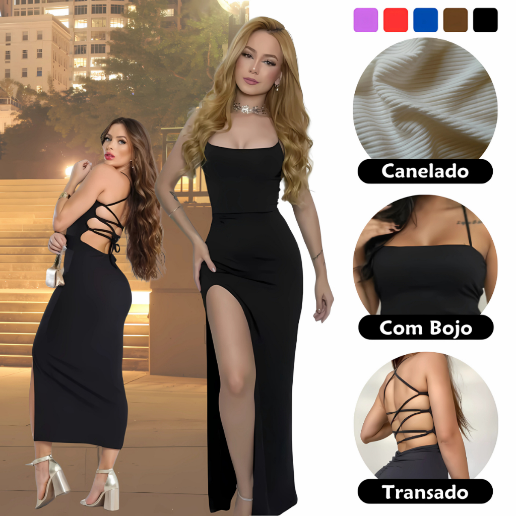 Vestido LONGO elegante com costas Fenda Lateral Empina Bumbum Colado Novo